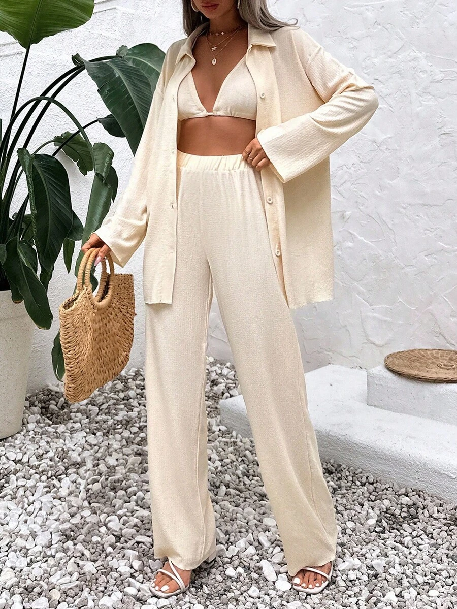 ZIRRA 3 件套女士纯色落肩长袖纹理面料衬衫和阔腿裤套装 - 杏色 - 查看 1