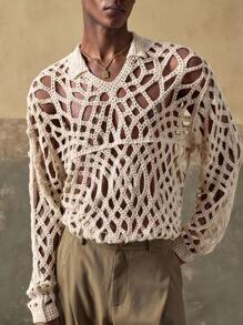 AKNOTIC Business Casual 男士钩针编织花卉图案休闲宽松长袖针织上衣，适合夏季、秋季、度假、日常穿着、派对、情侣装，男士礼物 - 彩色 - 查看 6