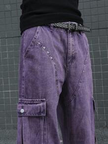 Manfinity Roghcode Celana Jeans Kargo Pria Ukuran Besar Motif Bunga Ungu, Potongan Lebar, Gaya Anak Muda, Modis dan Bergaya, Cocok untuk Pesta, Jalan-jalan, Makan Malam, Musim Panas, Gaya Vintage Y2K - Purple - View 6