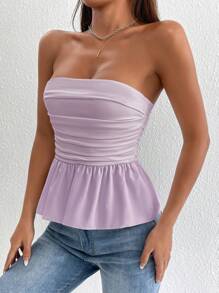 SHEIN PETITE Ruched Backless Peplum Tube Women Crop Top - Mauve Purple - View 4