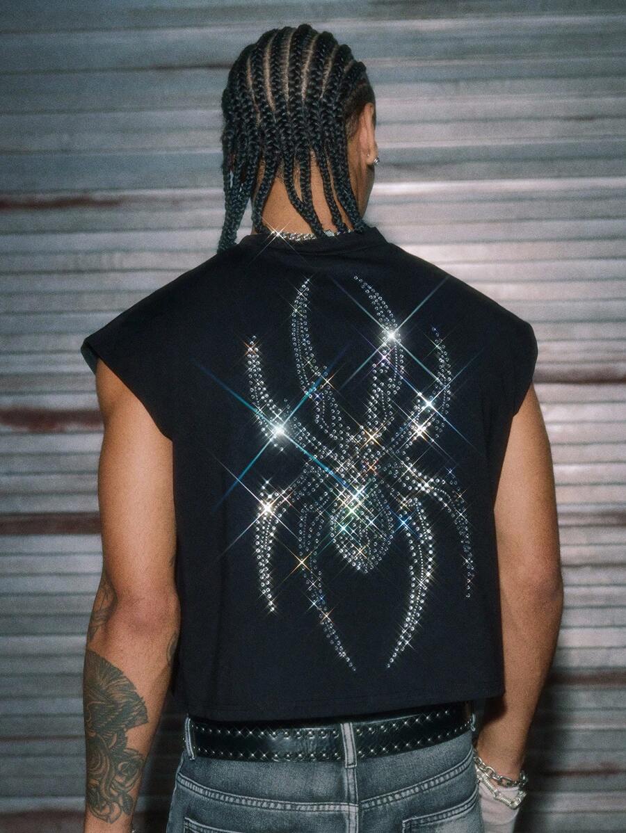 AXEPEAK 高街时尚上衣男士宽松无袖 T 恤蜘蛛图案水钻装饰背心，2000 年代风格 - 黑色 - 查看 1