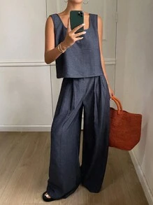 DAZY 2pcs Korean Style Vest & Wide Leg Pants Set, Elegant Lounge Sets For Women Short Sets For Women - Navy Blue - View 2