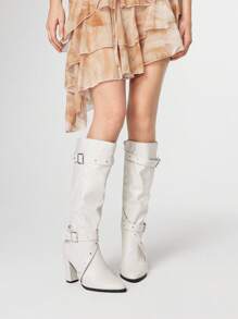 ROMWE Grunge Punk Giày bốt cao đến đùi mũi nhọn gót dày mới 2025 dành cho nữ, giày bốt cưỡi ngựa đa năng chống trượt có dây khóa - trắng - Xem 2