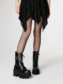 ROMWE Grunge Punk 女士时尚铆钉厚底踝靴 - 夏季朋克风格圆星扣系带靴 - 舒适透气易系带马靴 - 黑色 - 查看 2