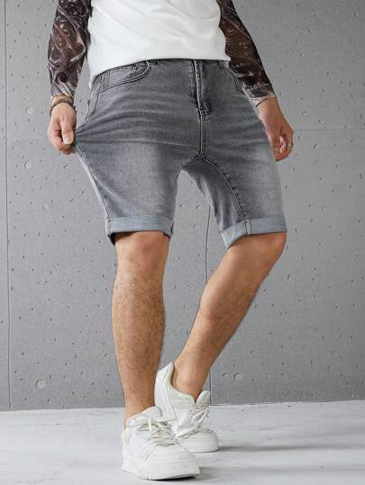 Manfinity Homme 男士休闲灰色牛仔短裤，百搭运动休闲设计，男士灰色牛仔短裤，弹力水洗修身牛仔短裤