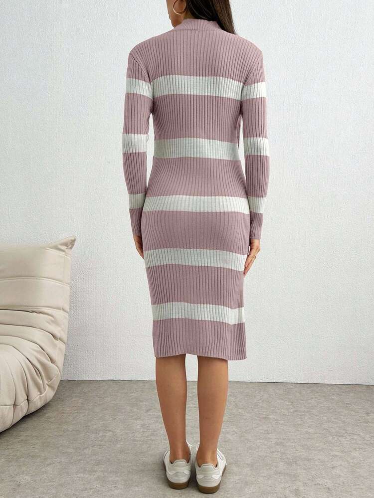 EURMUSE Women's Colorblock Long Sleeve Knit Sweater Dress,Winter Dresses - Dusty Pink - View 2