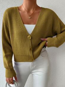 SHEIN Cottnline Women's V-Neck Button Down Cardigan - Olive Green - View 3