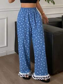 DAZY Pantalones holgados de pijama para mujer con estampado floral de tipo ditsy bordado y dobladillo con volantes, estilo vacacional, otoño - azul real - Ver 4