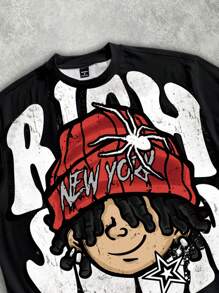 Manfinity EMRG 男士街头卡通连帽笑脸印花宽松短款T恤 - 黑色 - 查看 2