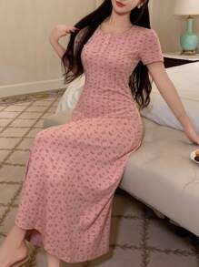 DAZY Bộ đồ ngủ dài tay thắt eo họa tiết hoa Ditsy dành cho nữ - Hồng - Xem 3