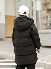 Young Girl Solid Color Hooded Padded Coat, Mid-Length,In Fall/Winter - Black and White - View 3
