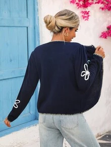 Vivid Eden Women's Navy Blue Floral 3D Decor Contrast Trim Embroidered Cardigan,Autumn Casual Vacation Holiday Crop Long Sleeve Colorblock Cardigan - Navy Blue - View 3