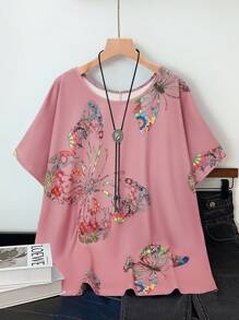 EMERY ROSE Plus Size Women's Butterfly Print Loose Fit T-Shirt Graphic Tees Women Tops