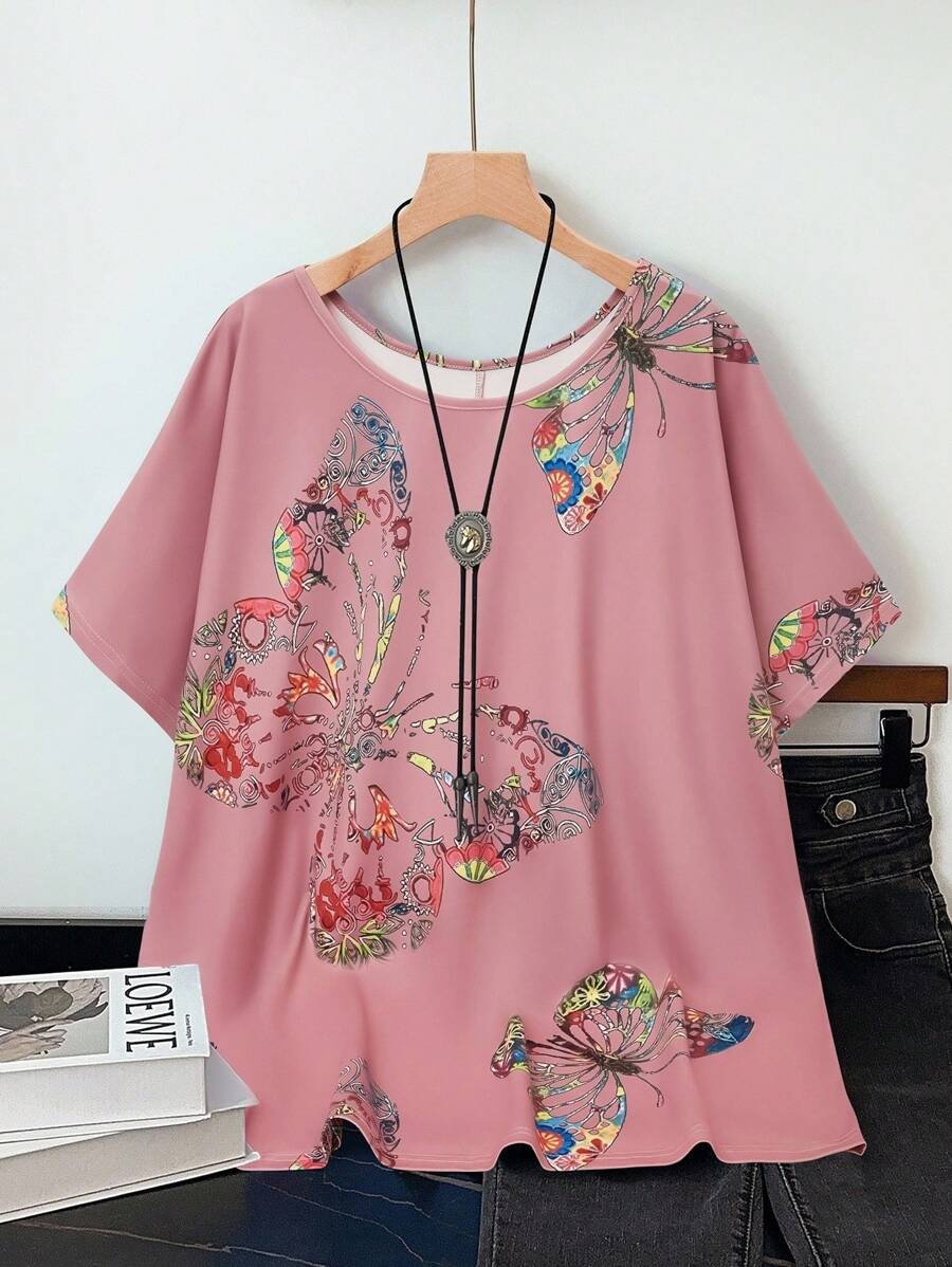 EMERY ROSE Plus Size Women's Butterfly Print Loose Fit T-Shirt Graphic Tees Women Tops