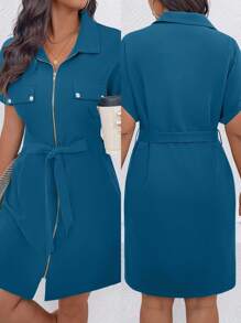 SHEIN LUNE Plus Size Women's Solid Color Batwing Short Sleeve Zipper Front Casual Dress