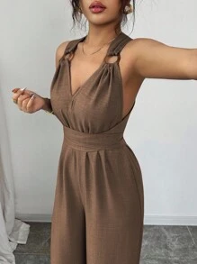 Selianne 女式 V 领系腰阔腿连体裤，蓝色，休闲夏季服装