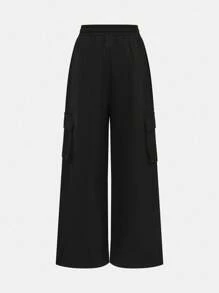 SHEIN 青少年女孩休闲针织高领长袖上衣和宽松工装口袋裤套装，非常适合秋冬街头穿着，周末休闲外出，母子装，青少年装，黑色青少年装，黑色工装裤套装，返校服装 - 黑色 - 查看 15