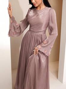 Veilorie 女式优雅纯色3D花卉装饰连衣裙 - 粉色 - 查看 6