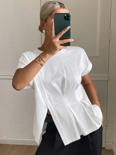 DAZY Camiseta casual de mujer de unicolor, cuello redondo, manga corta, bajo asimétrico, top de otoño