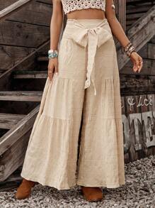 LanaWest 女式宽松纹理面料前部细节后部抽绳设计裤子，卡其色 - 卡其色 - 查看 4