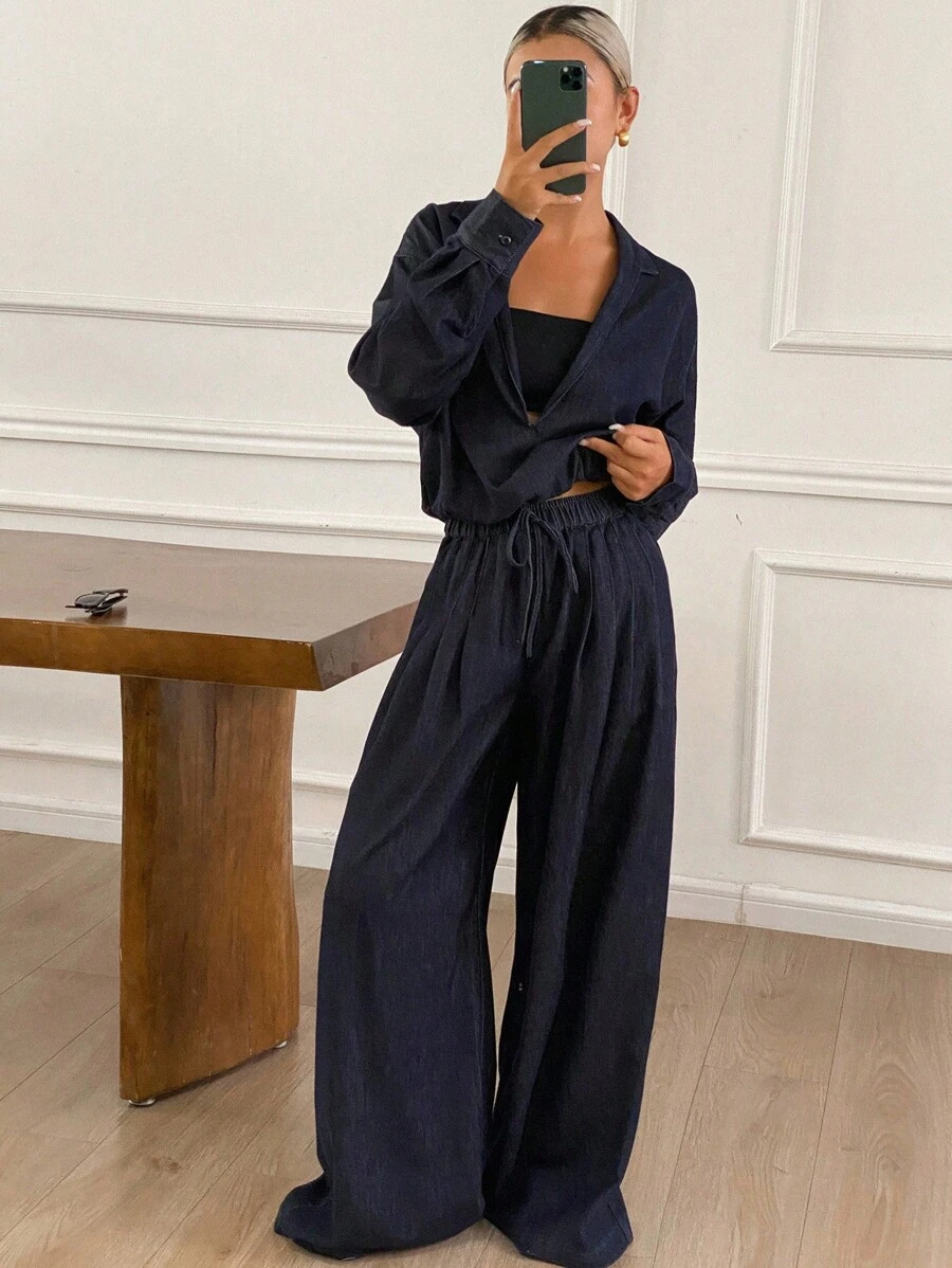 DAZY Vintage Blue V-Neck Denim Suit, Fashionable Casual Outfit With Loose Wide-Leg Pants And Oversized Jacket For Women