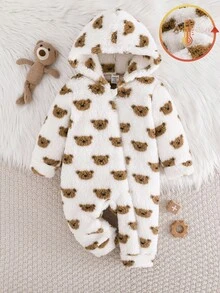 SHEIN 男婴熊图案双面羊毛连帽连体衣，厚款，适合秋冬季 - 彩色 - 查看 4