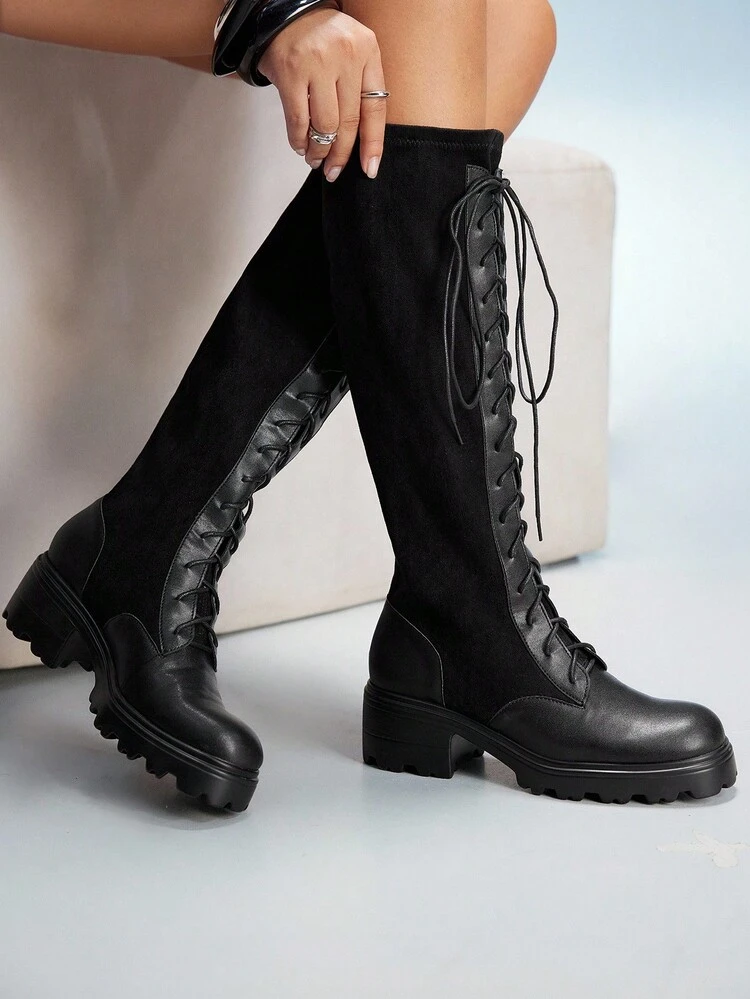 CUCCOO GRLICON ウィメンズ ラウンドトゥ プラットフォーム オーバーニーブーツ、ブラック ベルベット素材、ファッション コンフォート デイリー、パーティー、学校始業、ハロウィン、クリスマスパーティー向け