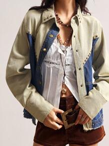 Bohemela 秋冬 BOHO 休闲梭织拼布撞色牛仔长袖女衬衫 - 彩色 - 查看 4