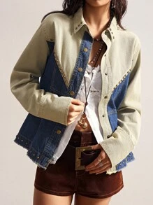 Bohemela 秋冬 BOHO 休闲梭织拼布撞色牛仔长袖女衬衫 - 彩色 - 查看 1