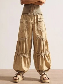 波西米亚风复古休闲纯色梭织宽松水洗女裤 - 摩卡棕 - 查看 2