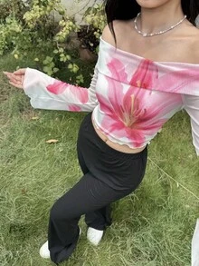 SHEIN 少女优雅花卉印花吊带裙，网眼露肩喇叭形长袖短款上衣，搭配纯黑色喇叭裤，两件套，休闲优雅日常穿着，适合秋冬季 - 白色 - 查看 6
