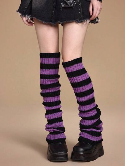 Grunge Punk 1 Pair Women's Solid Color Knitted Extra Long Leg Warmers, Dark Purple & Black Striped, Suitable For All Seasons