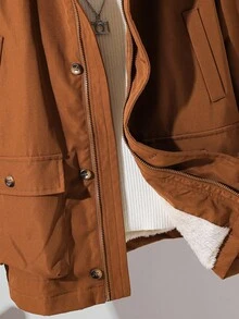 SHEIN 青少年男童休闲保暖内衬连帽中长款厚梭织夹克，带口袋，适合上学、花园、海滩、生日、春季、夏季、秋季、冬季