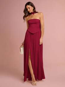 Enchnt Women's Solid Color Minimalist Casual Split Hem Dress,Wedding Guest Dress - Burgundy - View 5