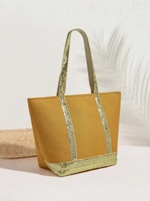 SHECARRY Women's Sequin Patchwork Large Capacity Fashion Tote Bag - Khaki - View 2