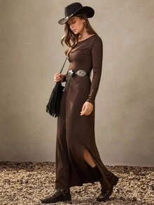 Wildy Vestido túnica básico de estilo campestre americano casual en color marrón, ropa de casa, vestido para desayuno, uniforme de trabajo de maestro, vestido largo