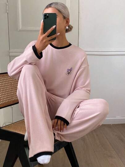 DAZY 2pcs Women Puppy Print Contrast Trim Loose Long Sleeve Top & Pants Pajama Set, Fall & Winter Clothes