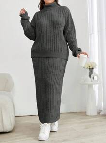 EURMUSE Cable Knit Turtleneck Sweater And Skirt Two Pieces Set - Dark Grey - View 3