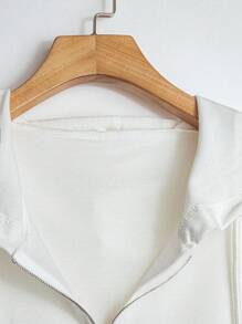 SHEIN CURVE+ Plus Size Women Casual Asymmetric Drawstring Zipper Short Sleeve Hoodie, Suitable For Spring/Summer Graduation Ceremony, Back To School, Women Teachers