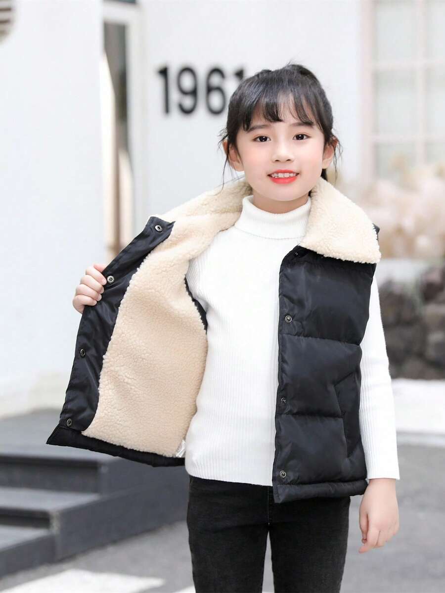 Young Girl Autumn/Winter Casual Thermal Lined Thickened Vest Jacket Girls Vest Kids Vest Girls Winter Vest Girls Fleece Vest Girls Warm Vest Fall - Black and White - View 1