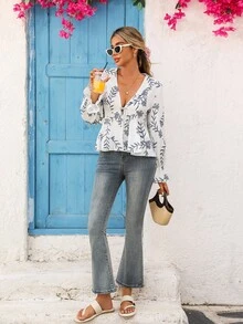 Vivid Eden Women's White And Blue Floral V-Neck Elegant Long Bell Sleeve Blouse,Boho Tops For Autumn,Vacation,Holiday Summer Boho Blouse, - White - View 5