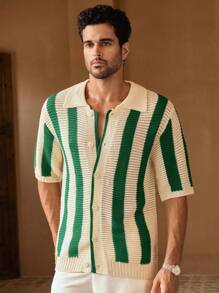 HIMLAND Suéter de Cardigan holgado con contraste de color a rayas, cómodo para hombre, para otoño e invierno - Multicolor - Ver 4