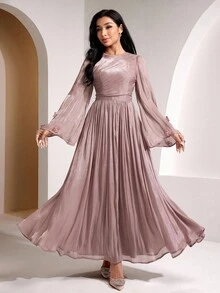 Veilorie 女式优雅纯色3D花卉装饰连衣裙 - 粉色 - 查看 3