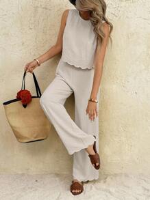 SHEIN Frenchy All-Season 2pcs Women Casual Sleeveless Top And Wide Leg Pants Set, Beige Two Piece Set, Linen Two Piece Set, Cream Two Piece Set, Two Piece Pants Set, Comfortable Two Piece Set,Back Bow Tie Top Two Piece Set,Wavy Hem Sleeveless Shirt Two-Piece Set,Fall Women Clothes,Old Money,Simple,Vacation Summer Casual Holiday Resort - Apricot - View 4