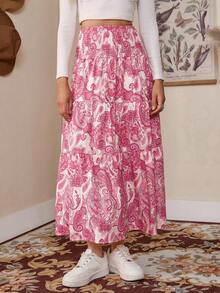 LanaWest Women's Boho Printed Drawstring Waist Long Skirt For Vacation And Daily Casual Wear, Spring/Summer