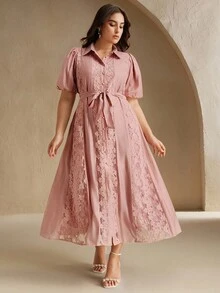 Anewsta Váy tay bồng cổ bẻ phối ren thanh lịch cỡ lớn cho nữ, mùa xuân/hè, hở lưng - Hồng - Xem 8