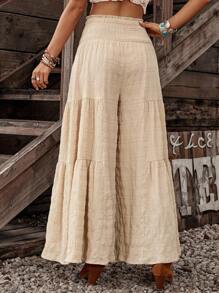 LanaWest 女式宽松纹理面料前部细节后部抽绳设计裤子，卡其色 - 卡其色 - 查看 6