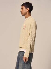 Musero Checkered Knit Polo Long Sleeve Graphic Artwork Embroidery Drop Shoulder Top Spring Summer Holiday Vacation - Apricot - View 3
