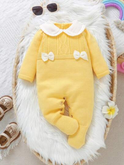 SHEIN Baby Girls' Pink Knitted Romper With Collar, Long Sleeve, Leg Pants And Cute Bow, Elegant & Stylish Fall Winter