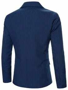 Calvornis 男士条纹翻领长袖夹克和裤子商务套装，老款风格 - 藏蓝色 - 查看 4